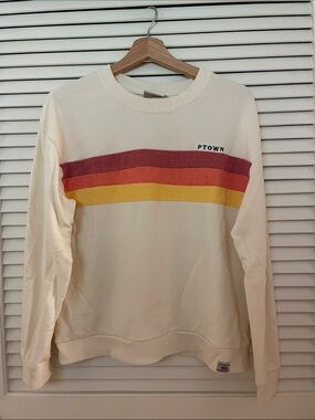 PTOWN Cream Crewneck Sweater with Retro Red-Orange-Yellow Stripes